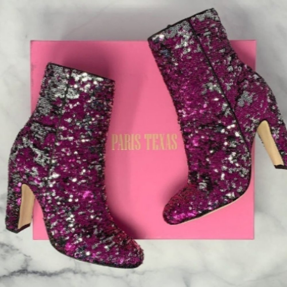 Paris Texas Pink Reversible Sequin Block Heel Ankle Booties Boho 6.5